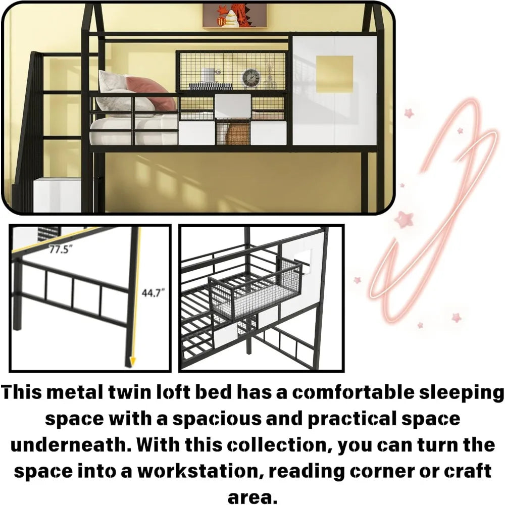 SOFTSEA Twin Size House Loft Bed with Stairs & a Storage Box, Stairway Metal Loft Bed with Roof for Kids, No Noise, Black