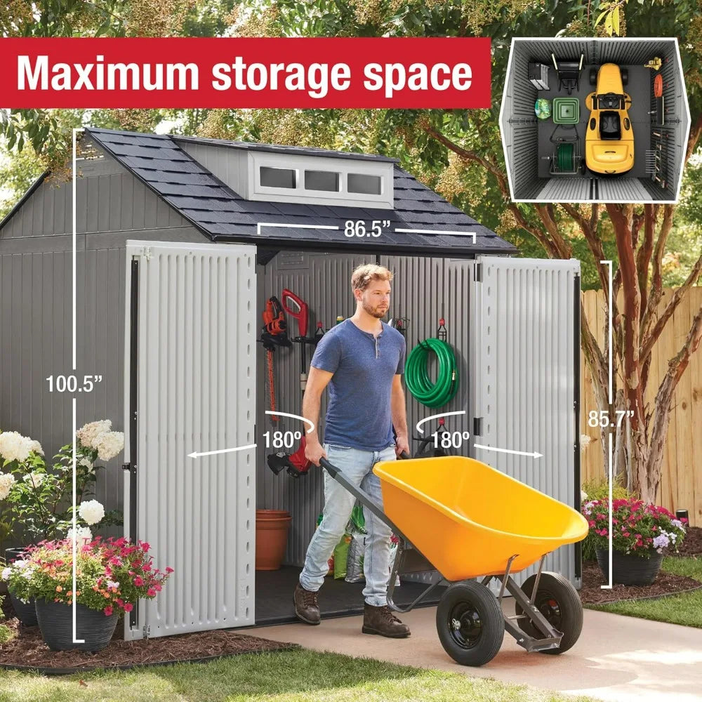 Weatherproof Gray Rubbermaid Resin Storage Shed, 7ft x 7ft, with Floor, for Outdoor Home, Backyard, and Garden Tool Organization