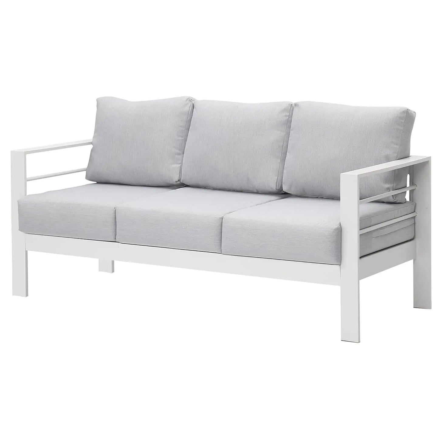 Patio Furniture Aluminum Sofa, All-Weather Outdoor 3 Seats Couch, Black Metal Chair with Light Grey Cushions, Customized