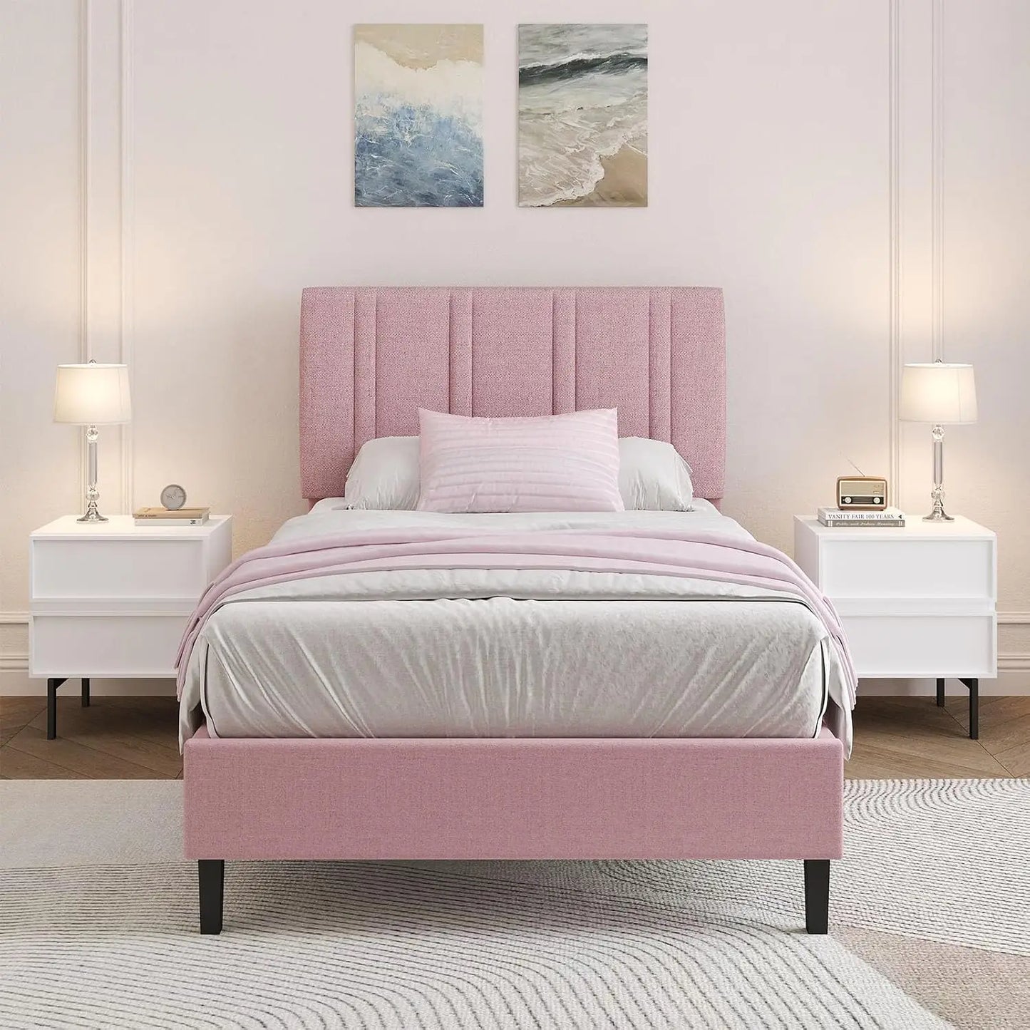 Twin Bed Frame With Adjustable Upholstered Headboard Linen Fabric