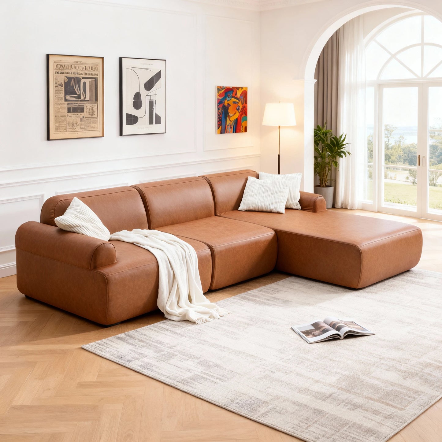 THOLASIS L Shaped Modular Leather Sofa Deep Seat Comfort