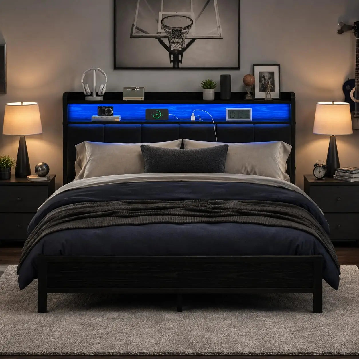 Full Size Metal Bed Frame With LED Lights And Charging