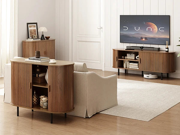 TV Stand With Power Outlet and Sliding Door Storage Entertainment Center
