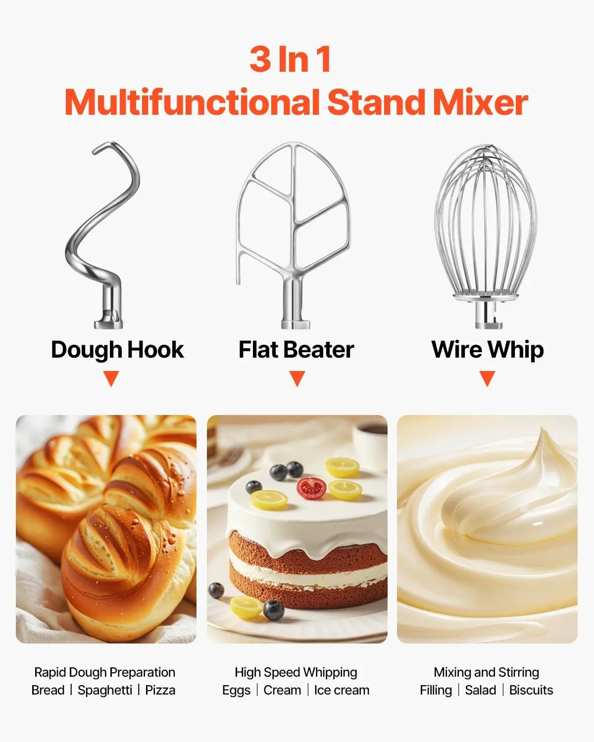 Electric Food Mixer 1250W Heavy Duty Stainless Steel Bowl