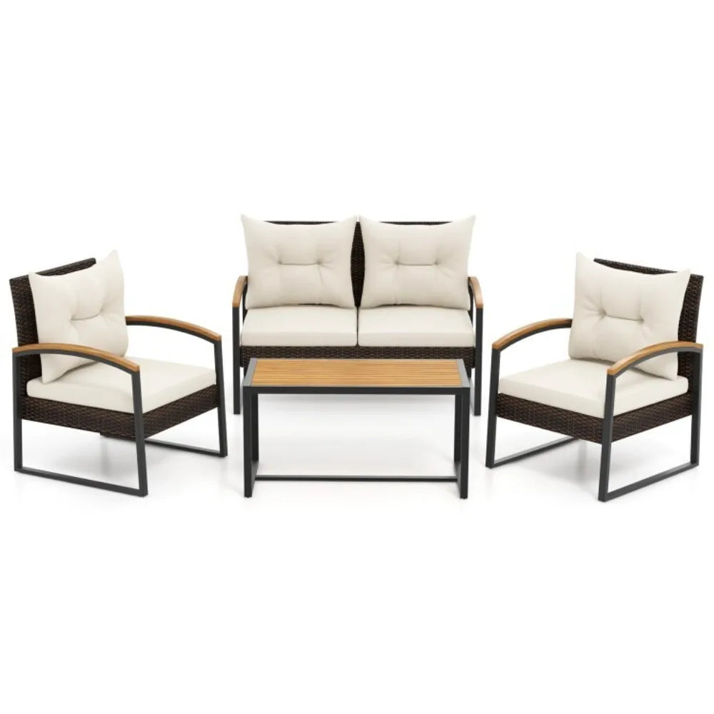 4PCS Patio Outdoor Furniture Rattan Conversation Sofa Set w/Tabletop & Cushions