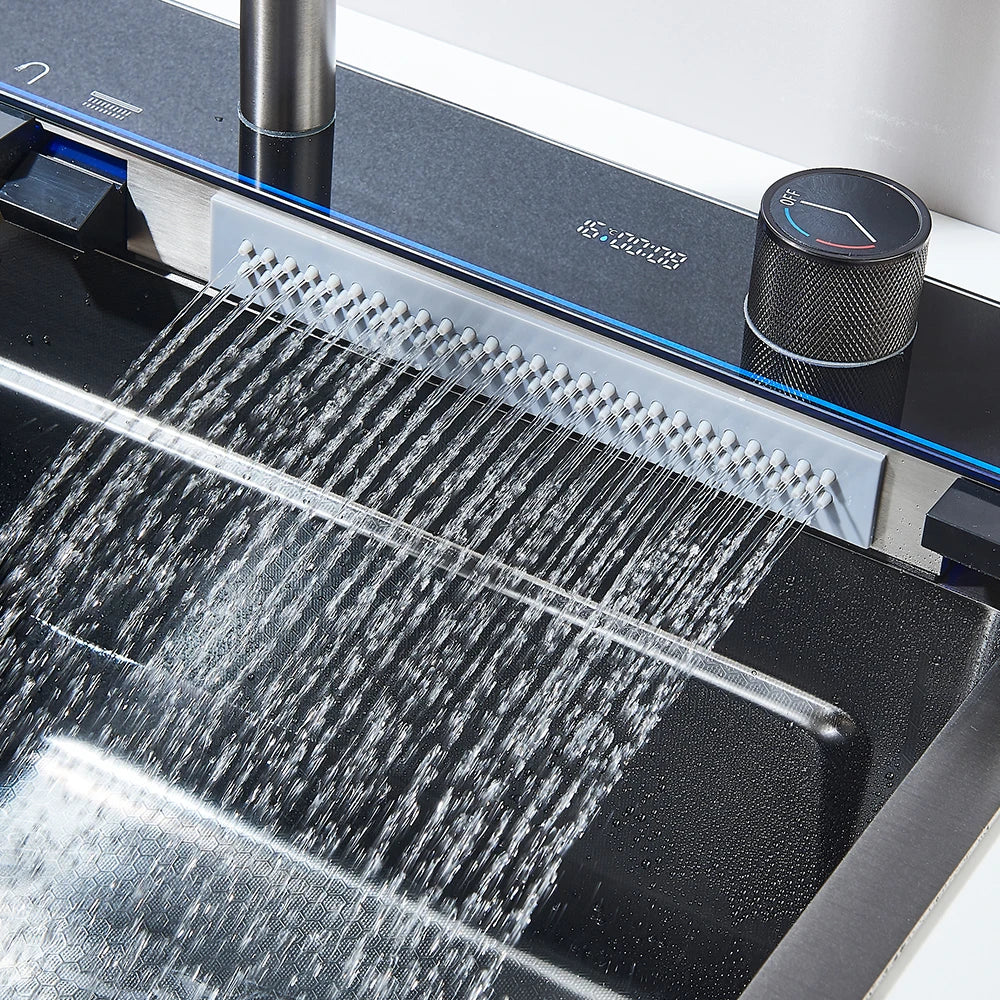MYQualife 304 Stainless Steel Waterfall Kitchen Sink Faucet Set Dispenser