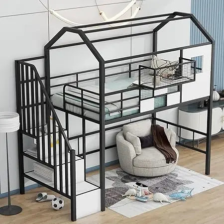 SOFTSEA Twin Size House Loft Bed with Stairs & a Storage Box, Stairway Metal Loft Bed with Roof for Kids, No Noise, Black
