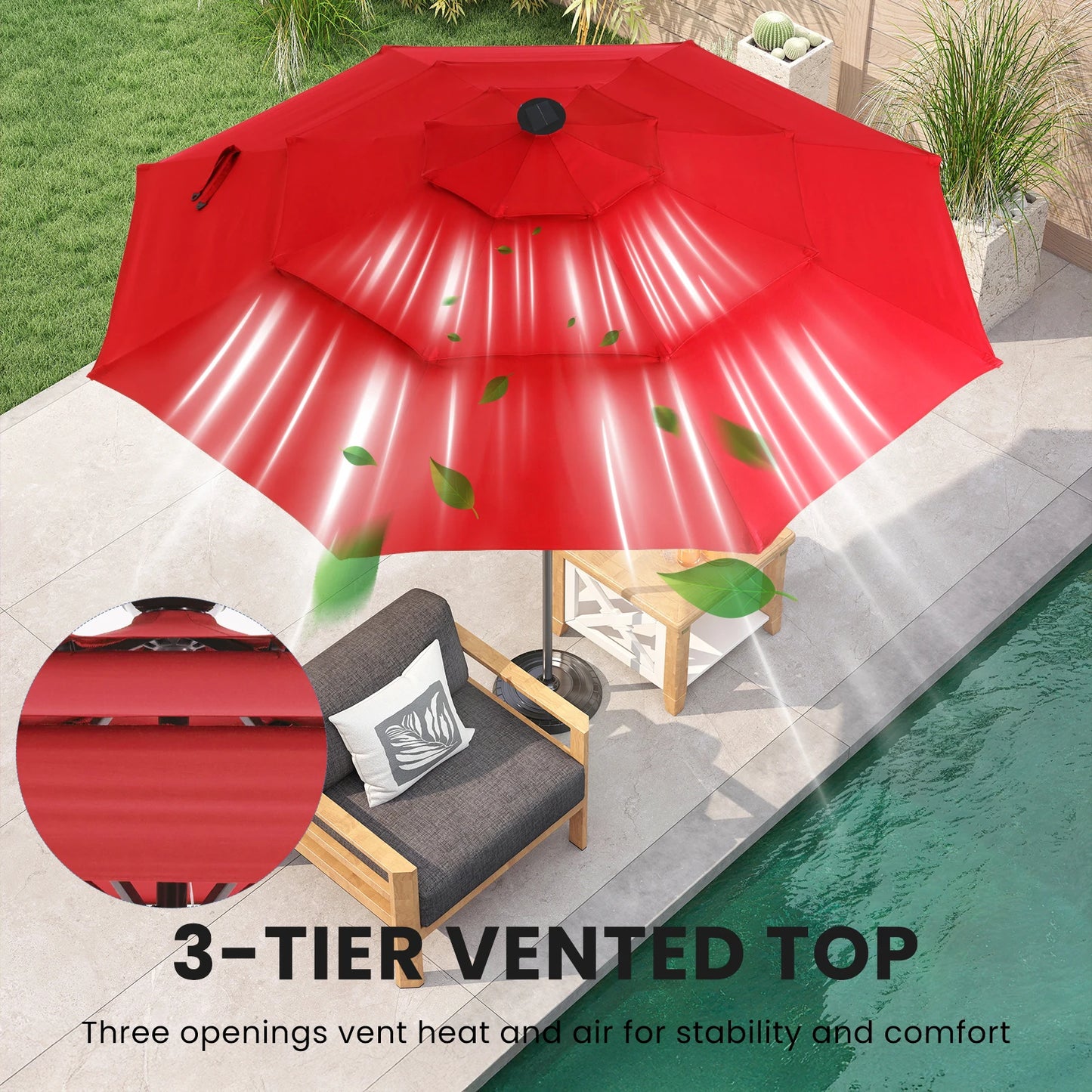 Solar LED Patio Umbrella With Tilt And Crank Lift 32 LED Lights UV Resistant