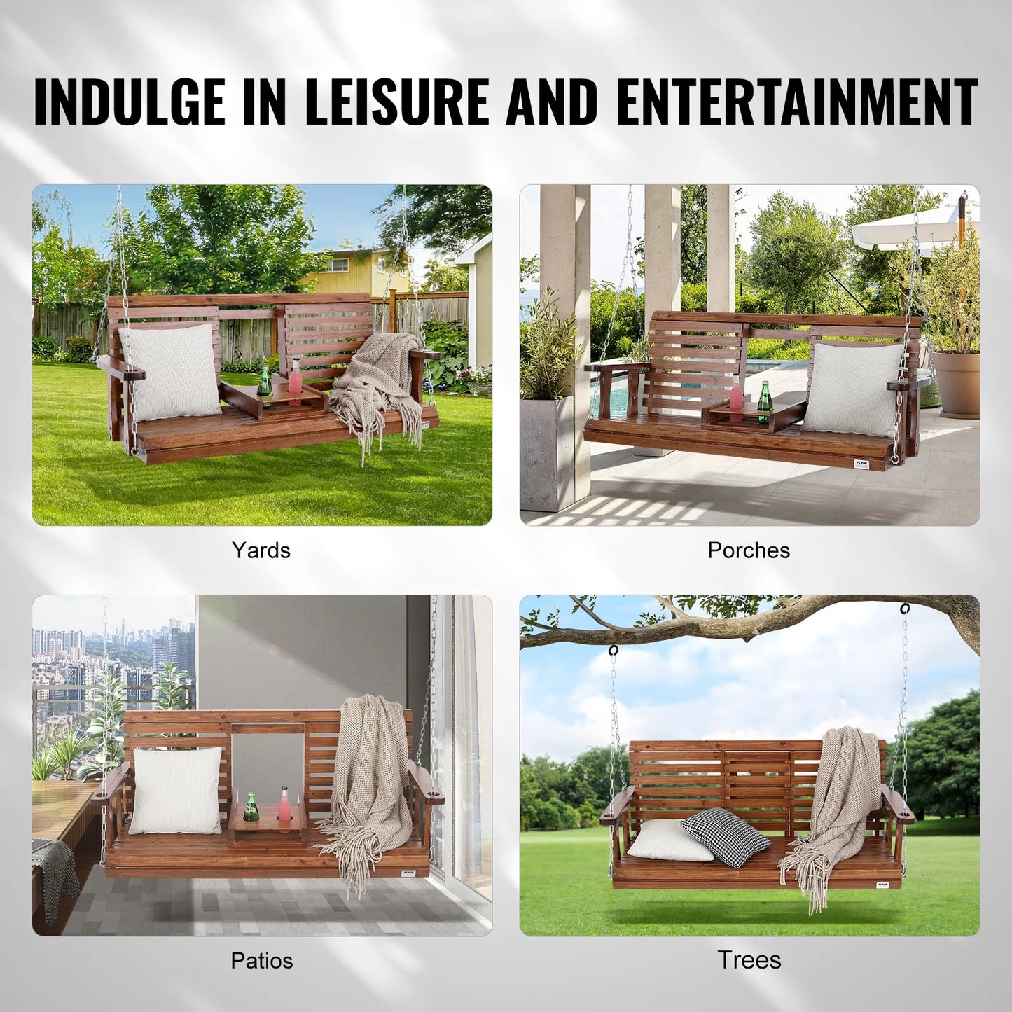 SucceBuy Wooden Porch Swing Outdoor Patio Garden 880 Lb Capacity