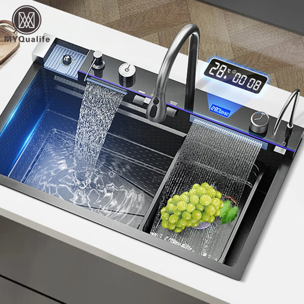 MYQualife 304 Stainless Steel Waterfall Kitchen Sink Faucet Set