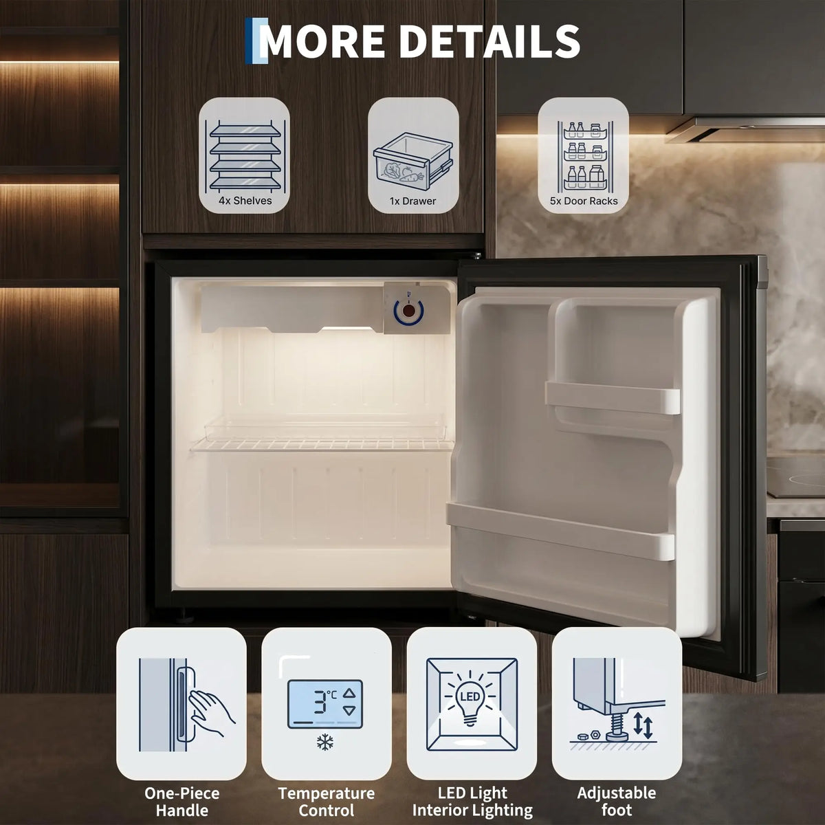 Compact Mini Refrigerator With Single Door And LED Lighting