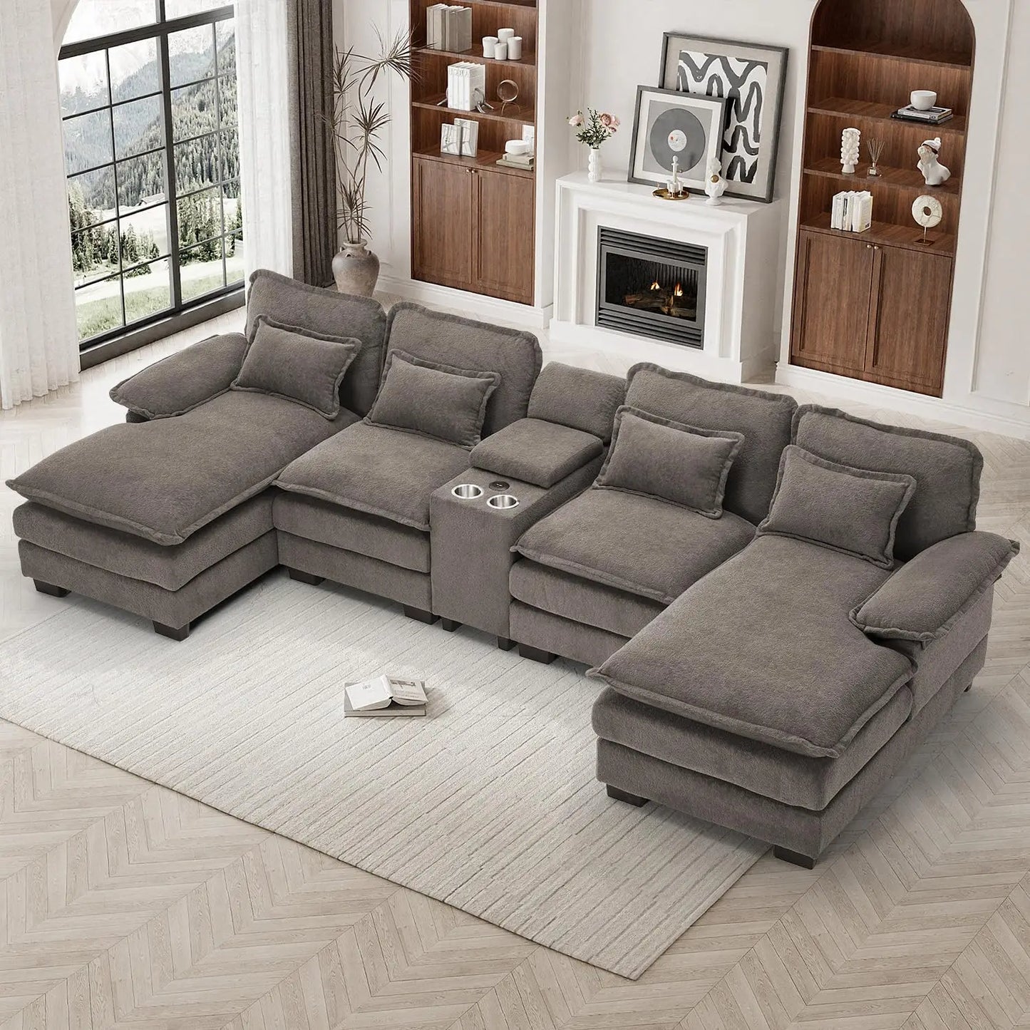 U Shaped Modular Sectional Sofa Chenille With Double Chaise Storage Console USB