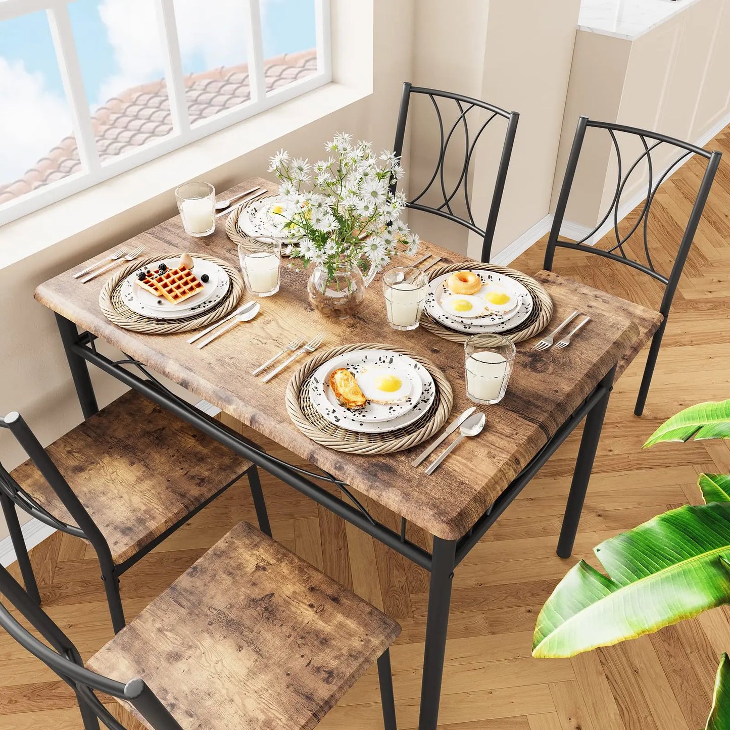 Amyove Kitchen Table and Chairs,Dining Room Table Set for 4with Chairs,Kitchen Table Set Metal and Wood Rectangular Dining Table