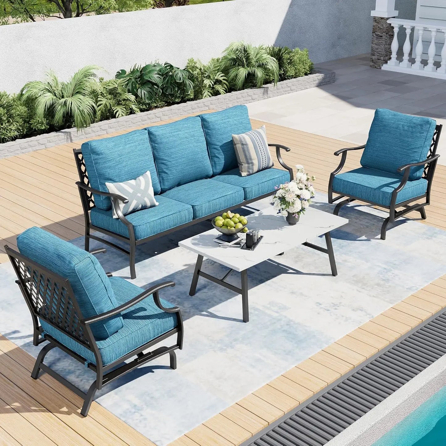 4 Piece Metal Outdoor Patio Furniture Set, Patio Conversation Sets 1 3-seater Sofa, 2 Swivel Chair with 5.75" Extra, Customized