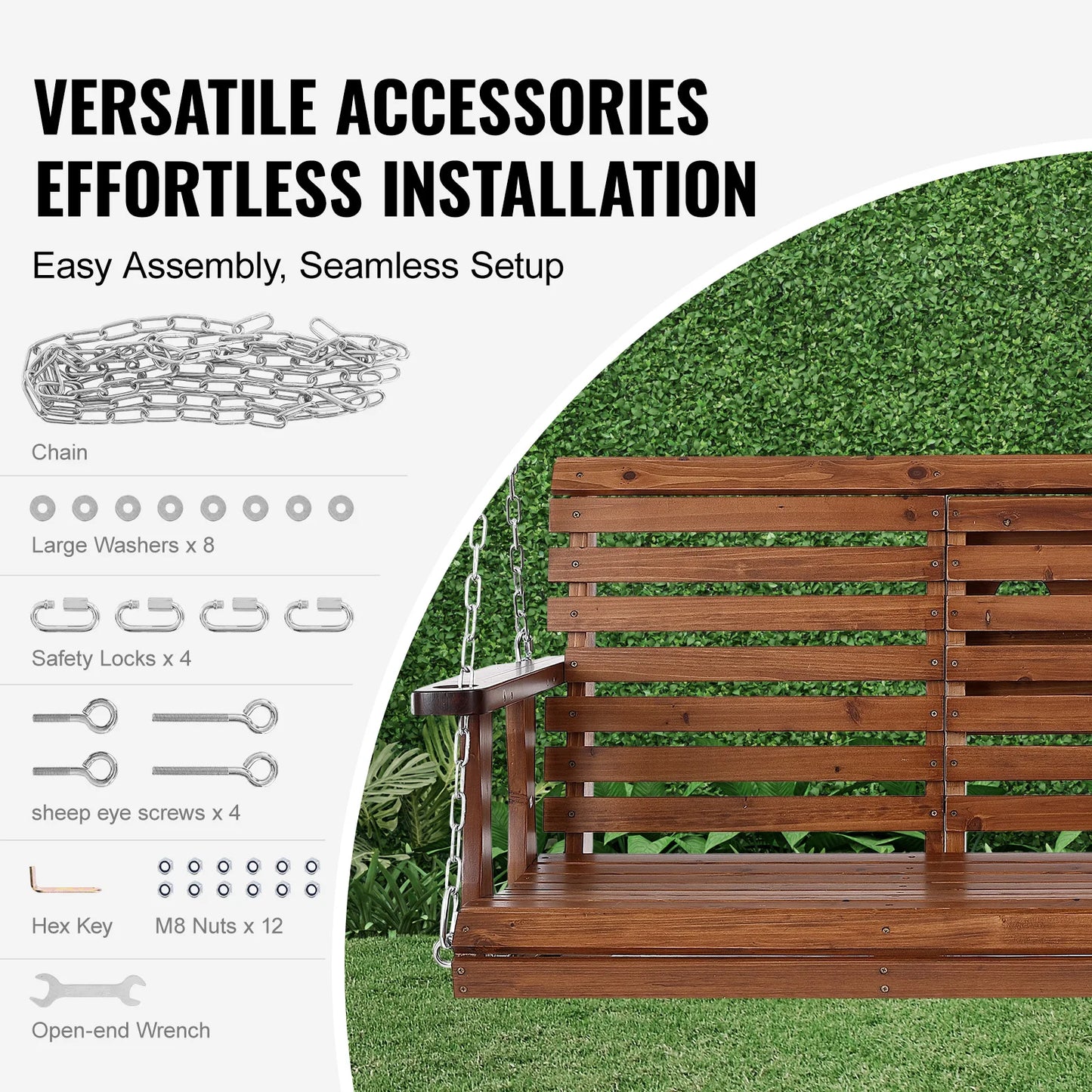 SucceBuy Wooden Porch Swing Outdoor Patio Garden 880 Lb Capacity