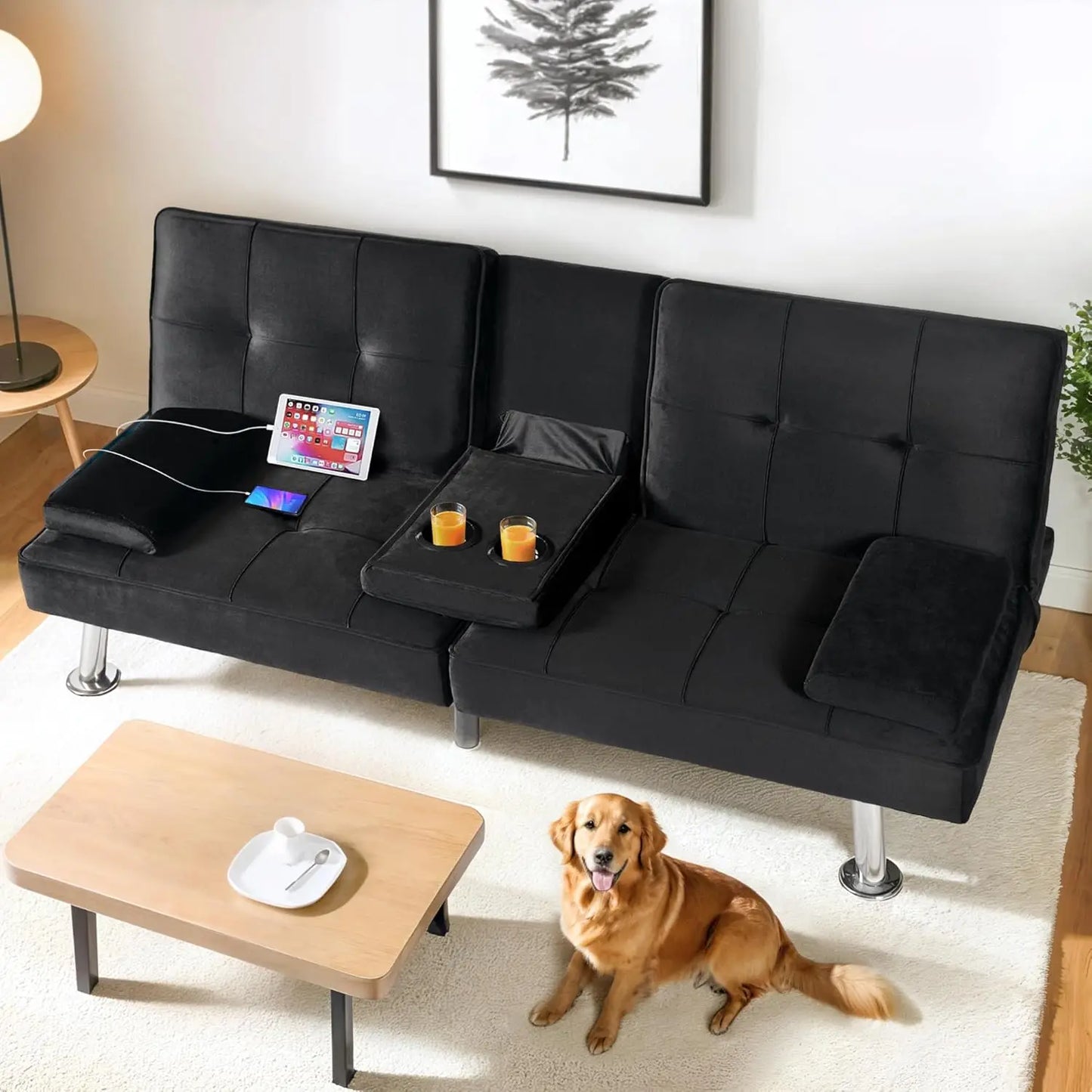 XCT3 Futon Sofa Bed With USB Type-C Charging Adjustable Backrest