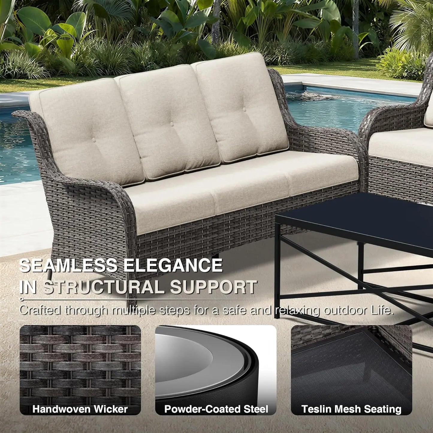 Outdoor Patio Wicker Sofa With Deep Cushions And Durable Frame