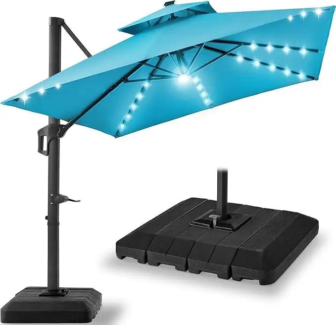 9x12ft LED Cantilever Patio Umbrella w/Base Included & 360° Rotation, Large Solar Offset Hanging Outdoor Sun Shade for Deck