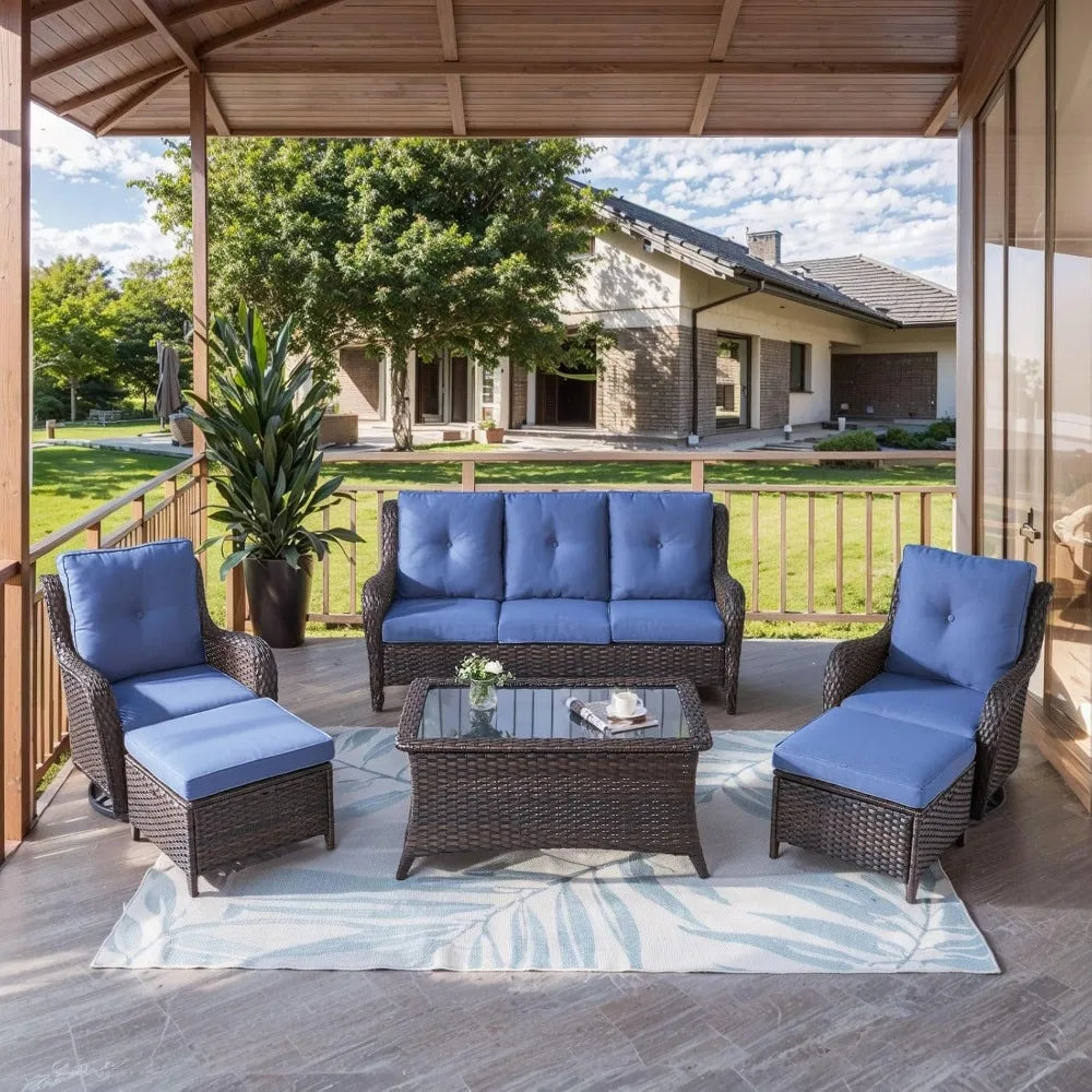 Patio Furniture 6 Pieces Set, with Swivel Rocking Chairs,Patio Ottomans,Patio Coffee Table, Wicker Outdoor Sectional Sofa