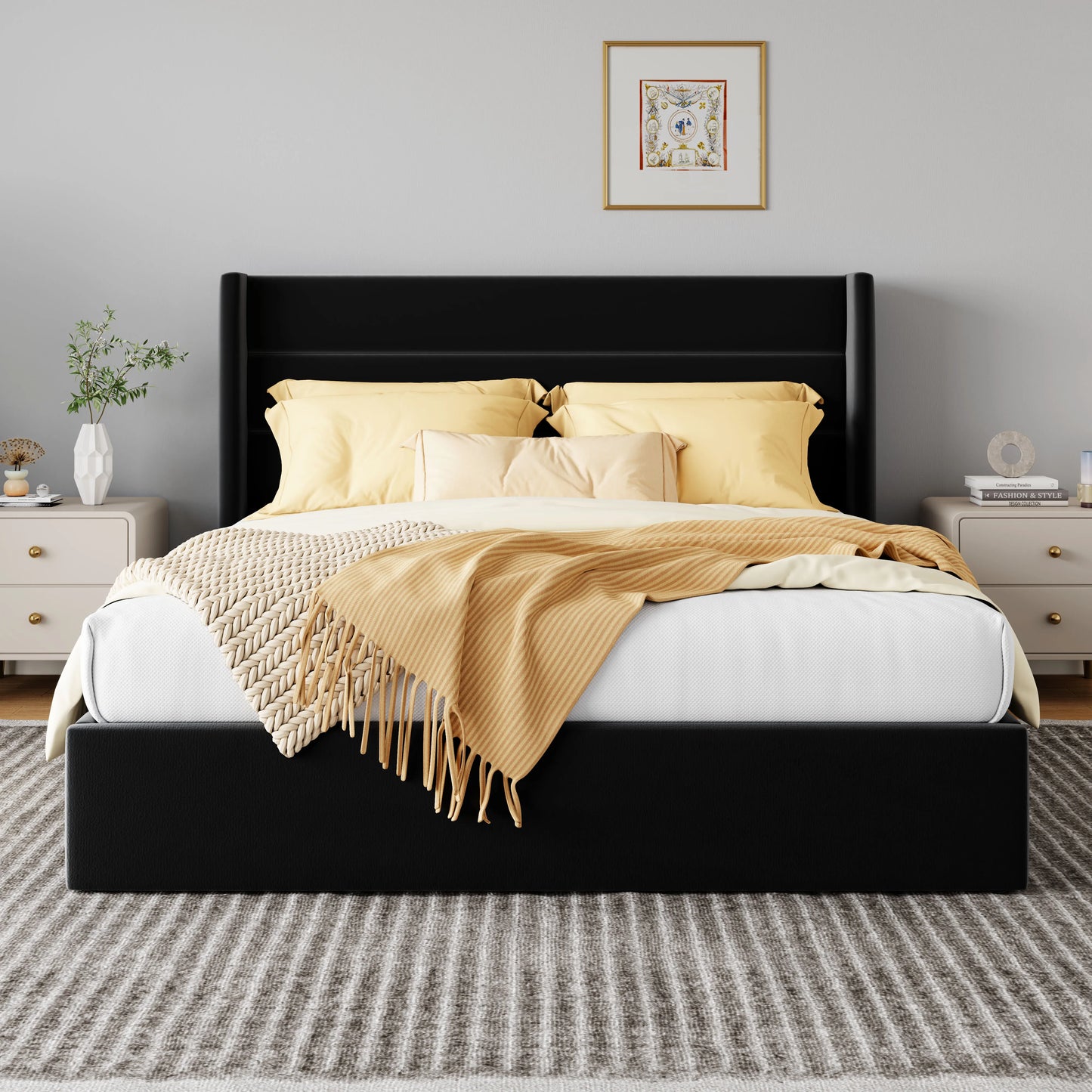 HOOMIC Lift Up Storage Bed With Wingback Headboard And Storage