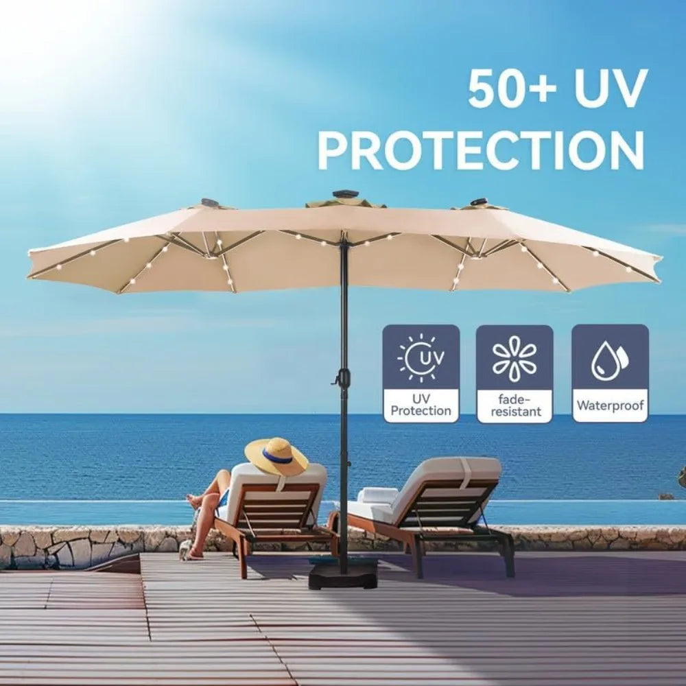 15 ft Rectangle Patio Umbrella with Solar Lights and Base Included, Double-Sided Market Table Umbrella with Crank, Large Outdoor