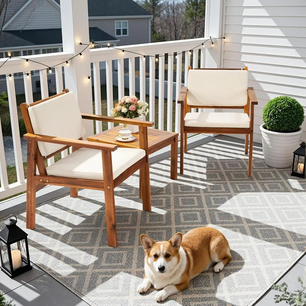 Patio Chairs 3 Piece Acacia Wood Outdoor Conversation Set Coffee Table Cushions