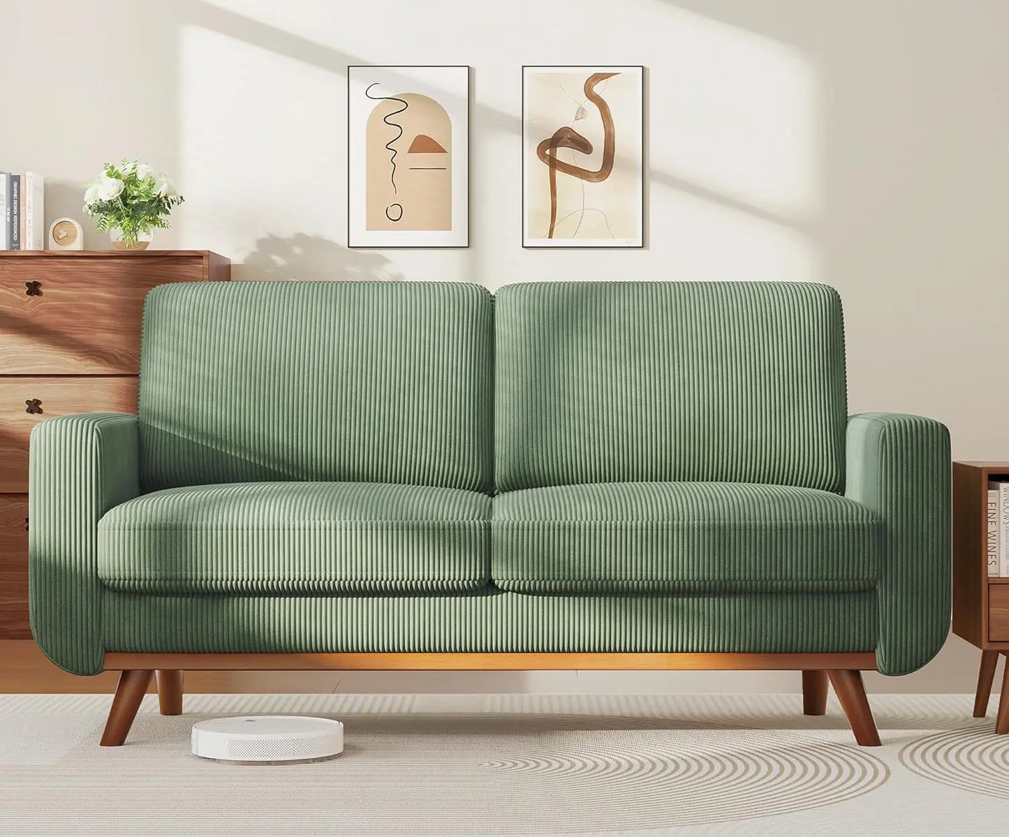 HUANZHUANG Modern Loveseat Sofa Corduroy Fabric Wood Frame Spring Cushion