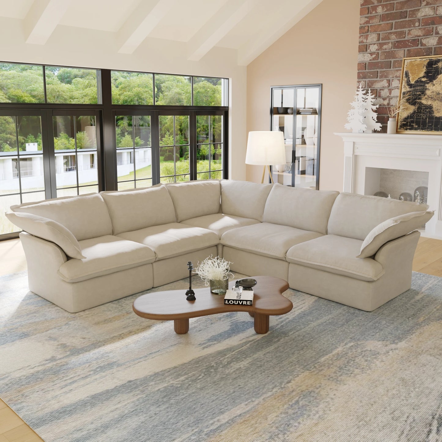 L Shape Corner Sectional Couch  Breathable Linen Cloud Couches Down Fill Convertible Modular Sectional Sofas for Living Room