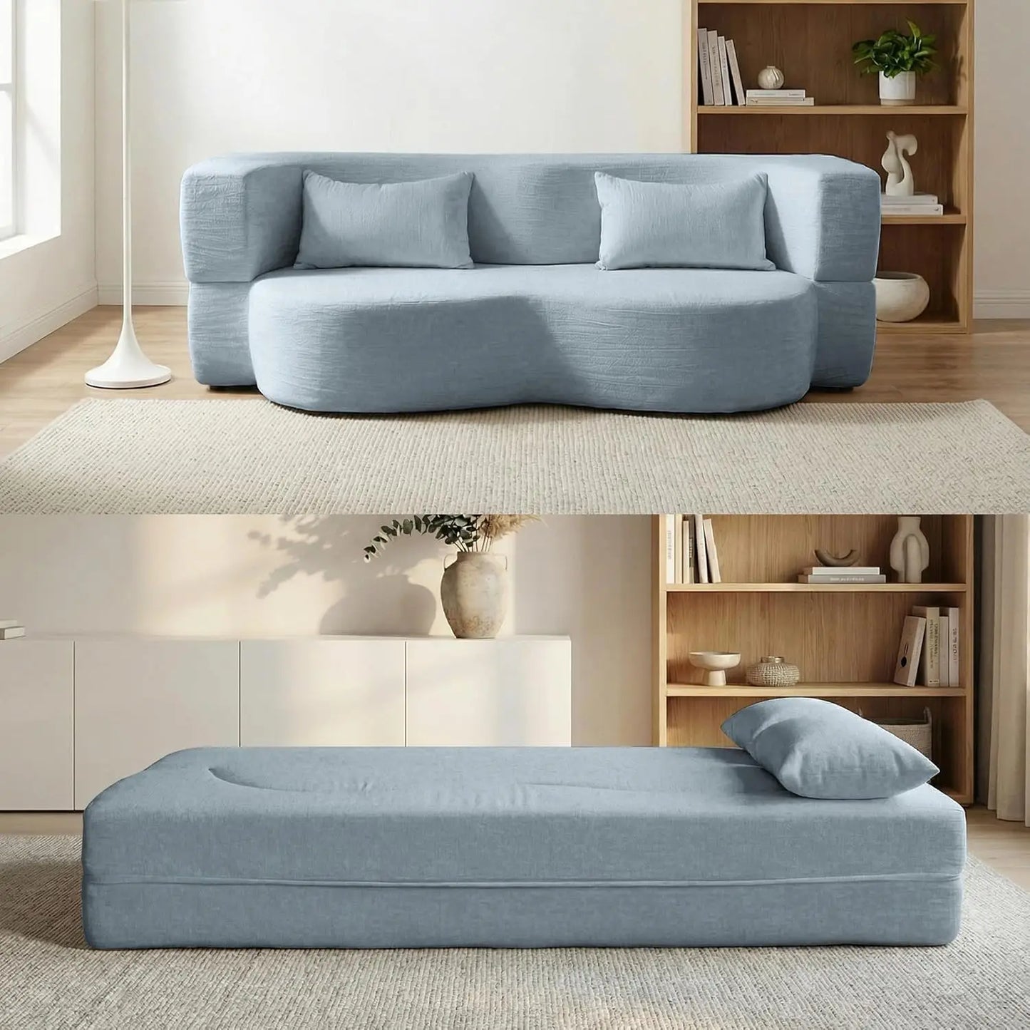 Convertible Sofa Bed 2 In 1 Teddy Fabric Folding Floor Couch Mattress