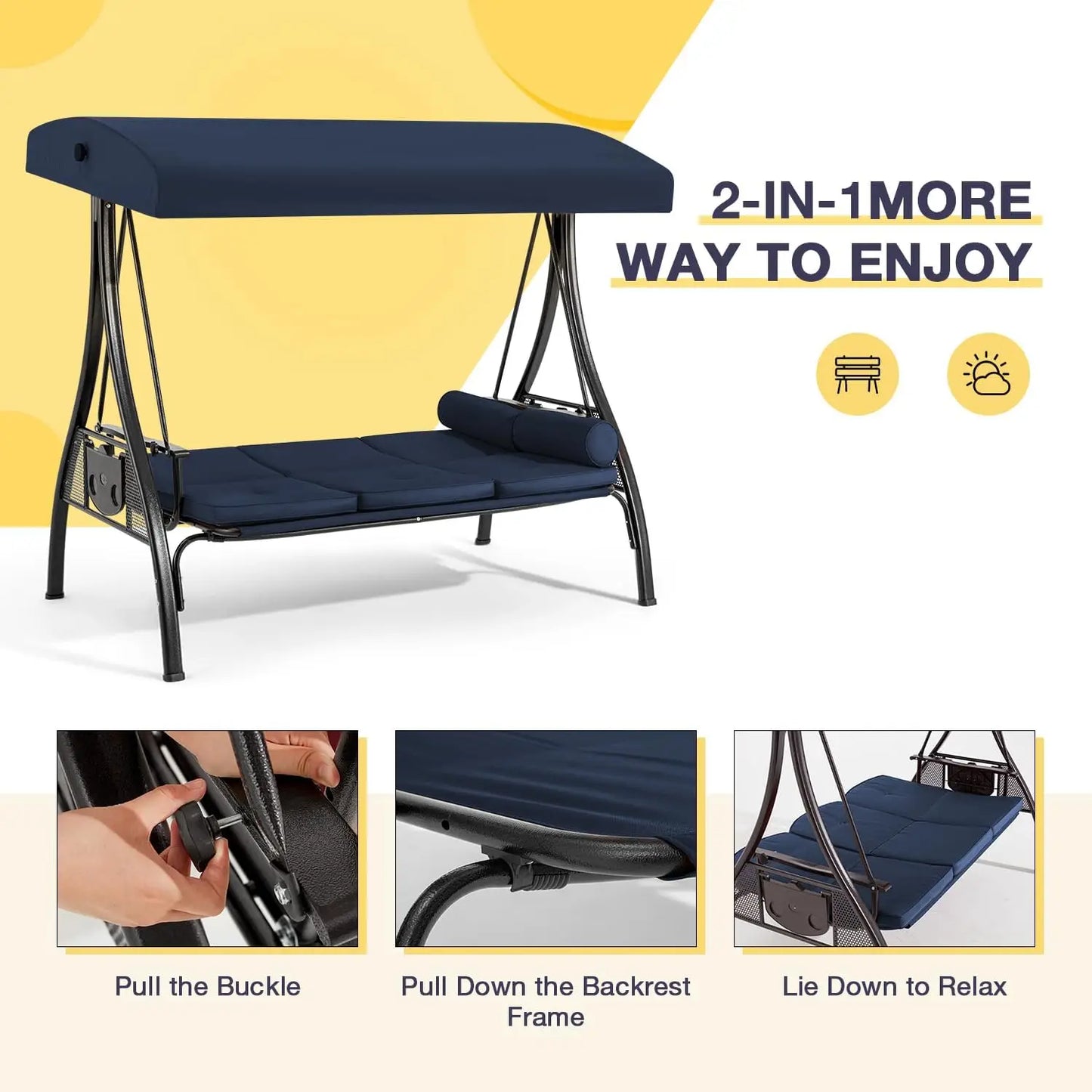 Three Seat Patio Swing With Adjustable Canopy Backrest Cup Holder