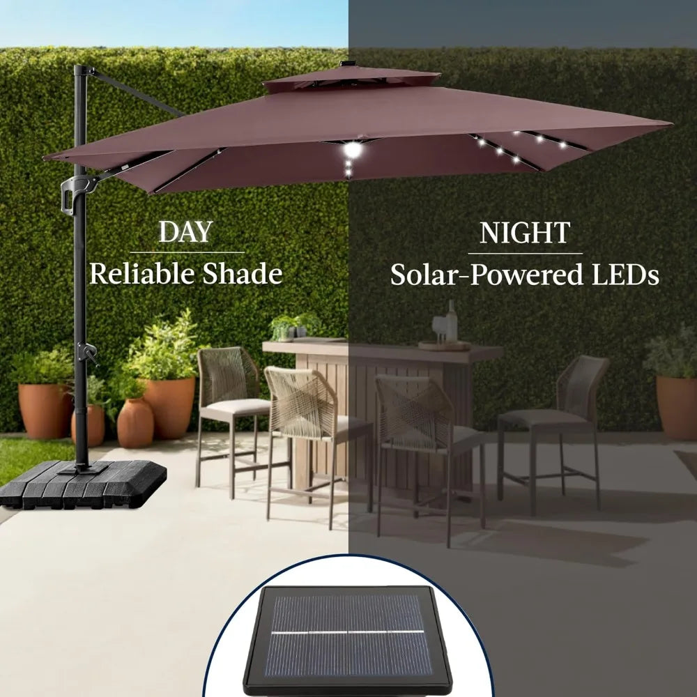 9x12ft LED Cantilever Patio Umbrella w/Base Included & 360° Rotation, Large Solar Offset Hanging Outdoor Sun Shade for Deck