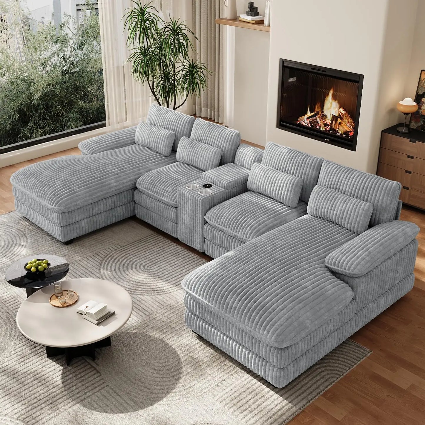 U Shaped Modular Sectional Sofa Chenille With Double Chaise Storage Console USB