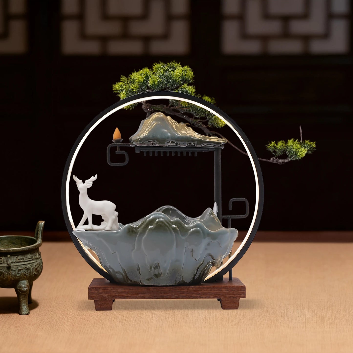 Ceramic Tabletop Fountain With Mist Pine Branches And LED Deer