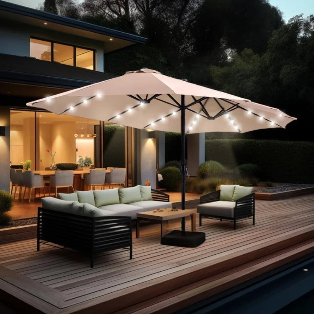 15 ft Rectangle Patio Umbrella with Solar Lights and Base Included, Double-Sided Market Table Umbrella with Crank, Large Outdoor