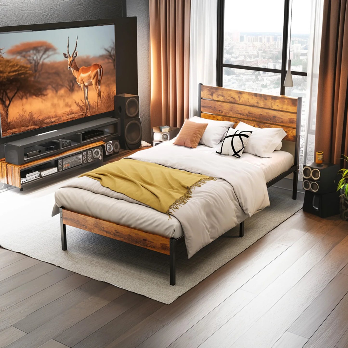 JHK Metal Platform Bed Frame With Headboard And Footboard And Wooden Slats