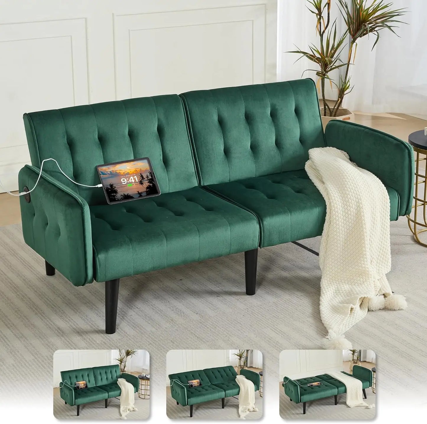 Futon Sofa Bed With USB Tufted Upholstered Loveseat Modern Mid Century