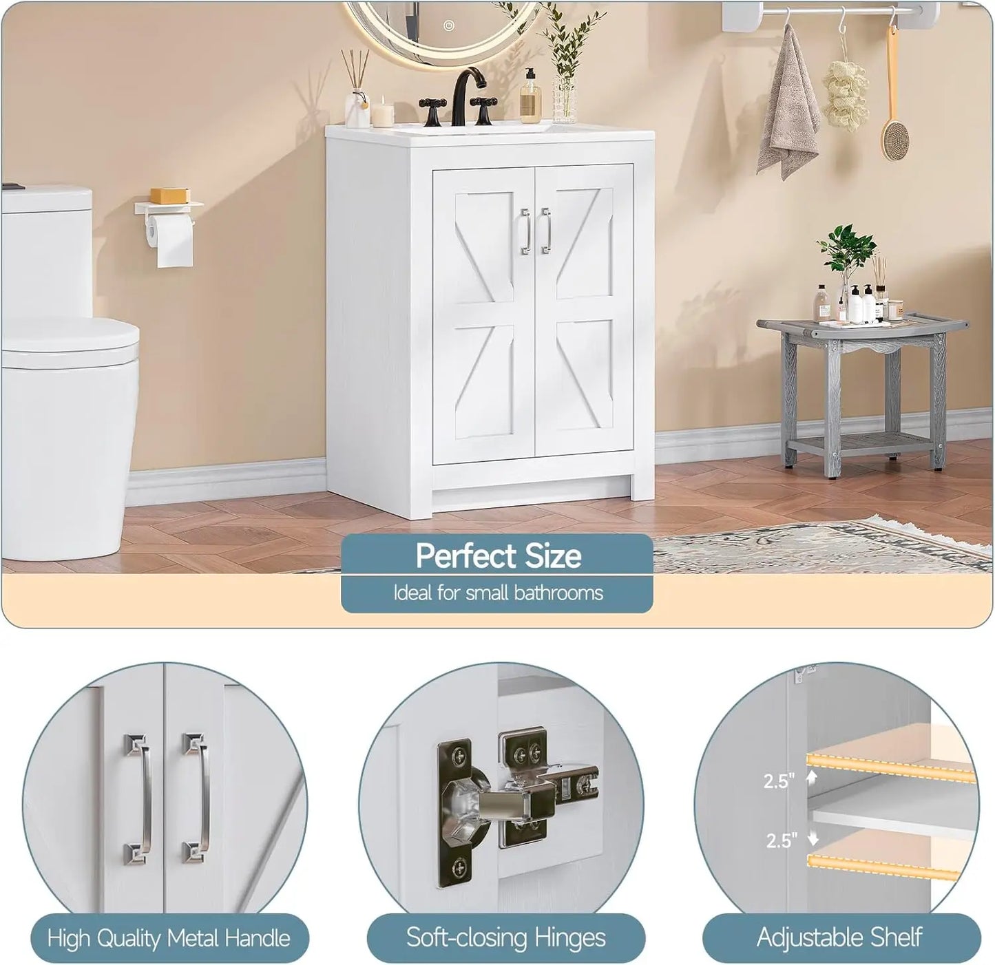 Farmhouse Style Bathroom Vanity With Ceramic Basin And Freestanding Wood Cabinet