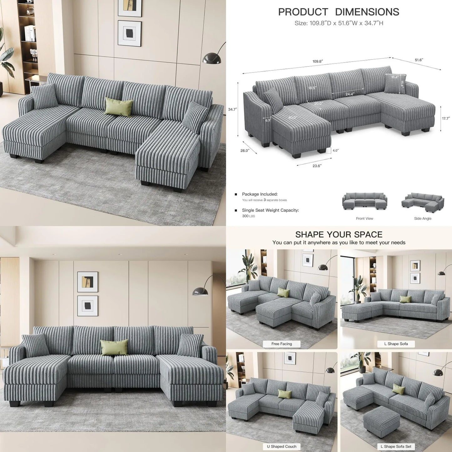 U Shape Reversible Sectional Sofa With Ottoman Corduroy Living Room