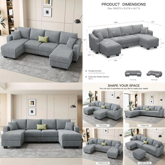 U Shape Reversible Sectional Sofa With Ottoman Corduroy Living Room