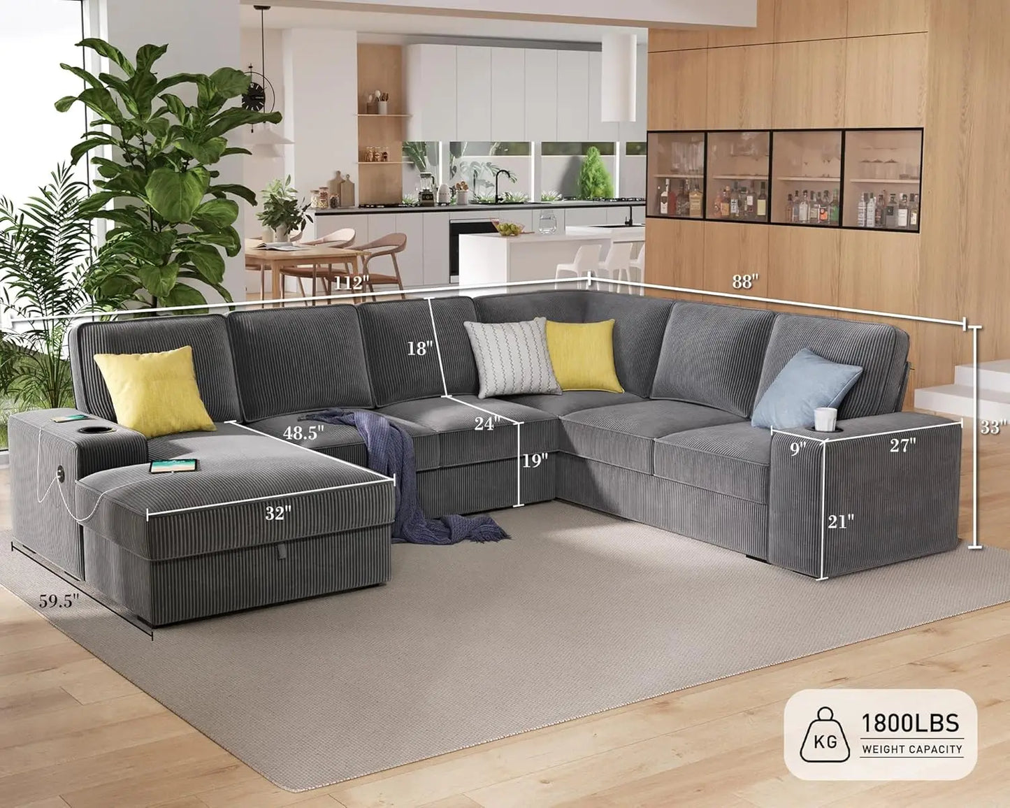 U Shaped Couch Sofa With Storage Chaise And USB Ports