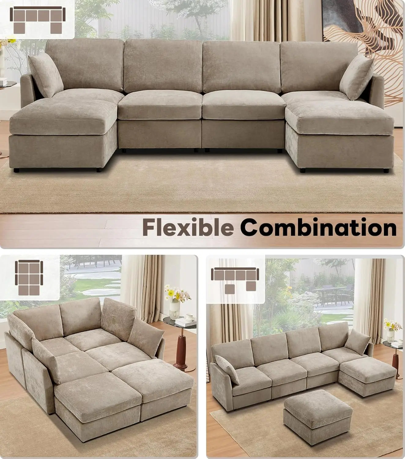 Modular U Shape Sectional Sofa With Chenille Cushions For Living Room