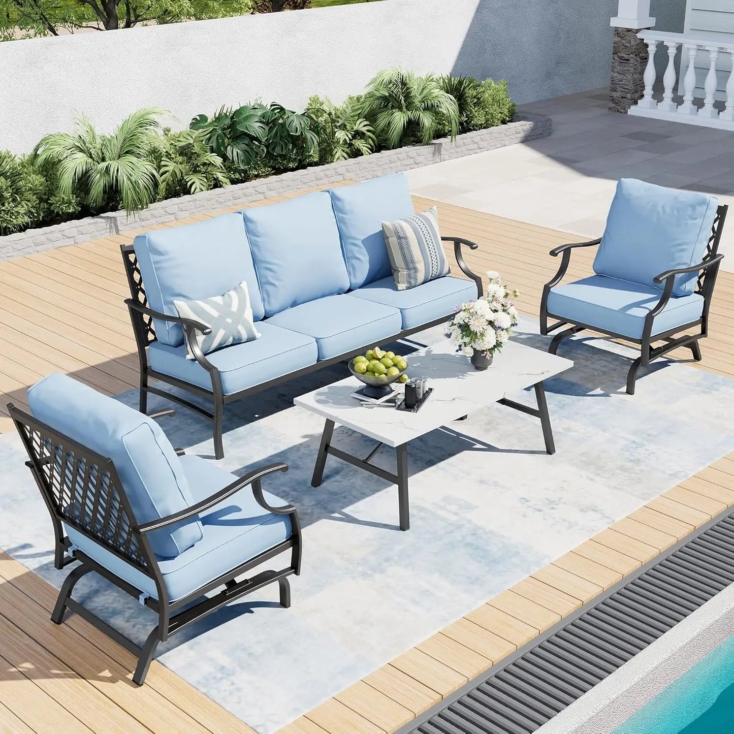 4 Piece Metal Outdoor Patio Furniture Set, Patio Conversation Sets 1 3-seater Sofa, 2 Swivel Chair with 5.75" Extra, Customized