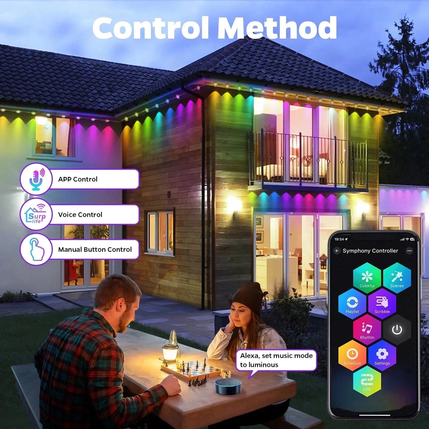 Outdoor Smart LED String Lights For Permanent Eaves With Remote