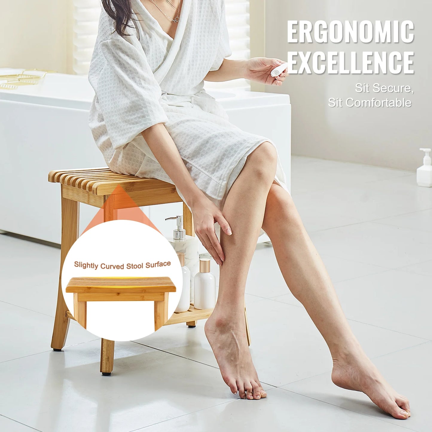 SucceBuy Bamboo Shower Bench Waterproof Shower Stool With Storage Shelf 330lbs