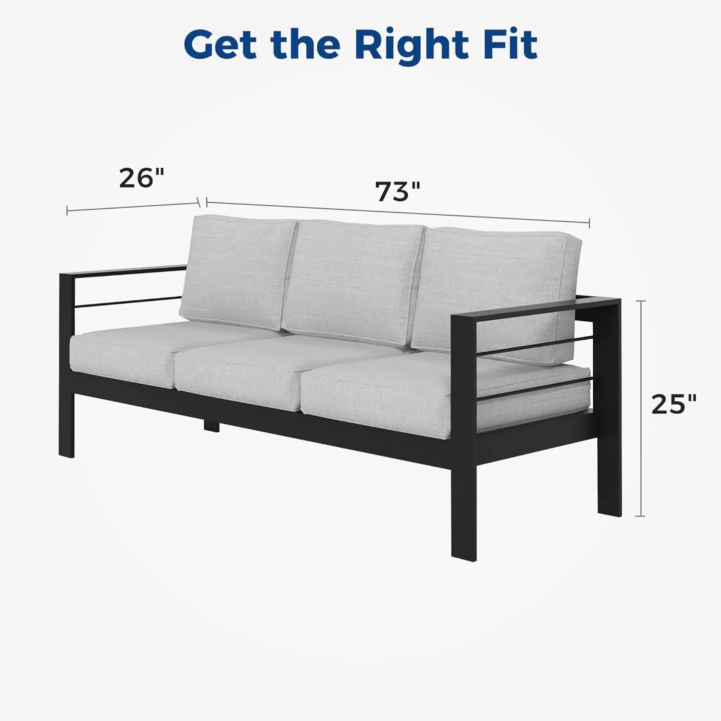 Patio Furniture Aluminum Sofa, All-Weather Outdoor 3 Seats Couch, Black Metal Chair with Light Grey Cushions, Customized