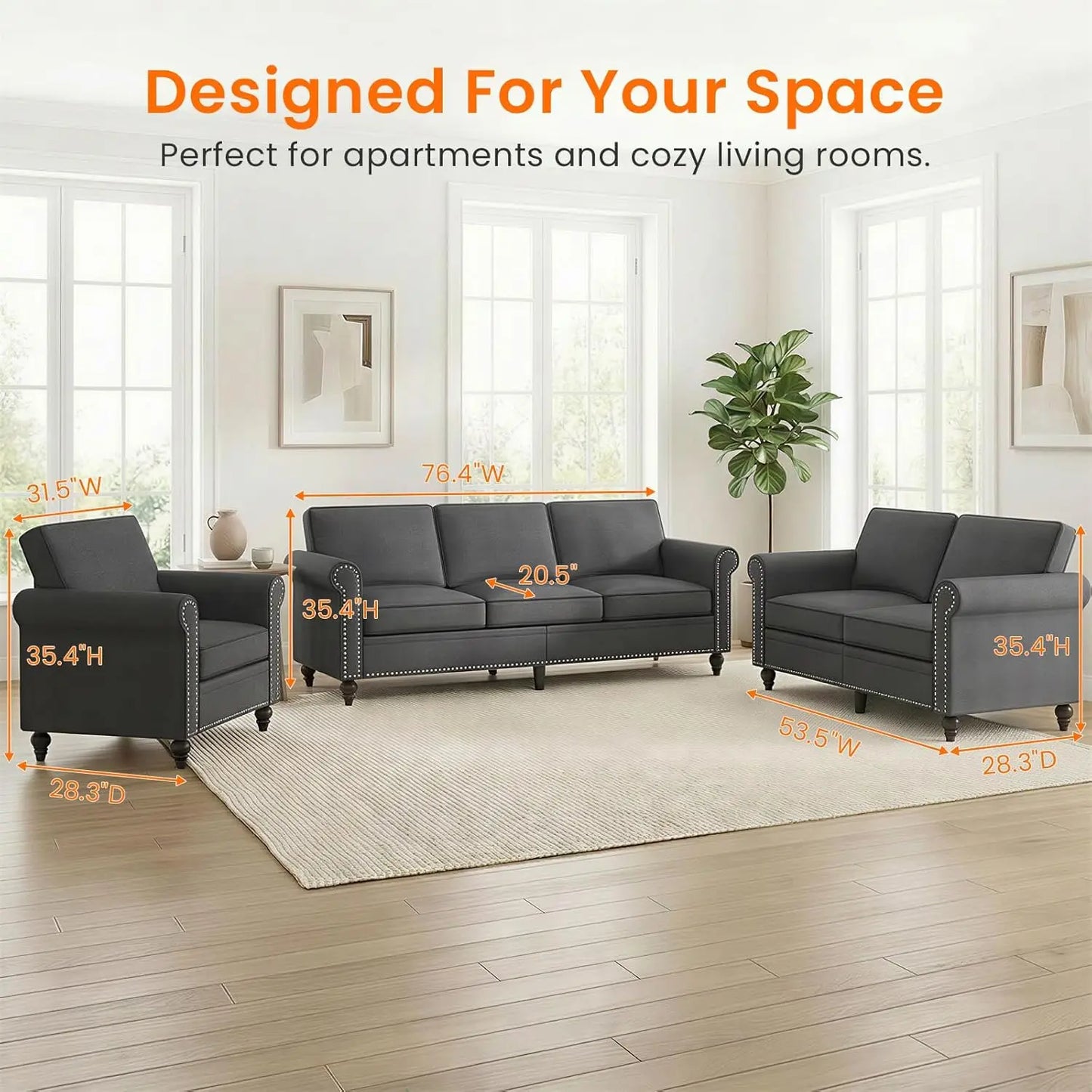 3 Piece Linen Sofa Set With Nailhead Trim For Living Room