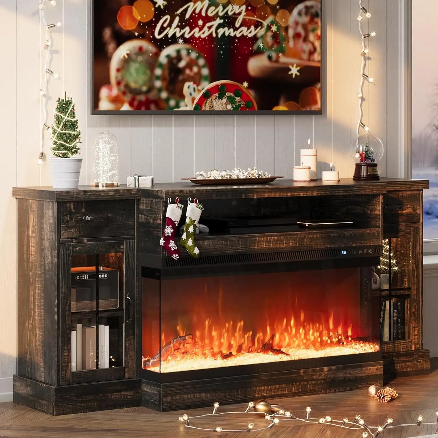 TV Stand with Fireplace, 70" Farmhouse Fireplace Entertainment Center with Storage Cabinets,TV Console for TV