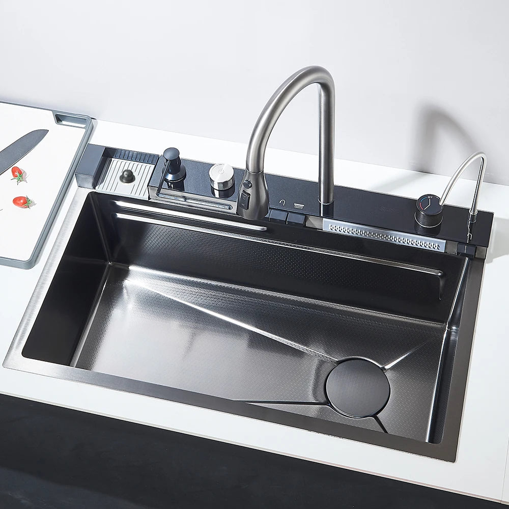 MYQualife 304 Stainless Steel Waterfall Kitchen Sink Faucet Set Dispenser