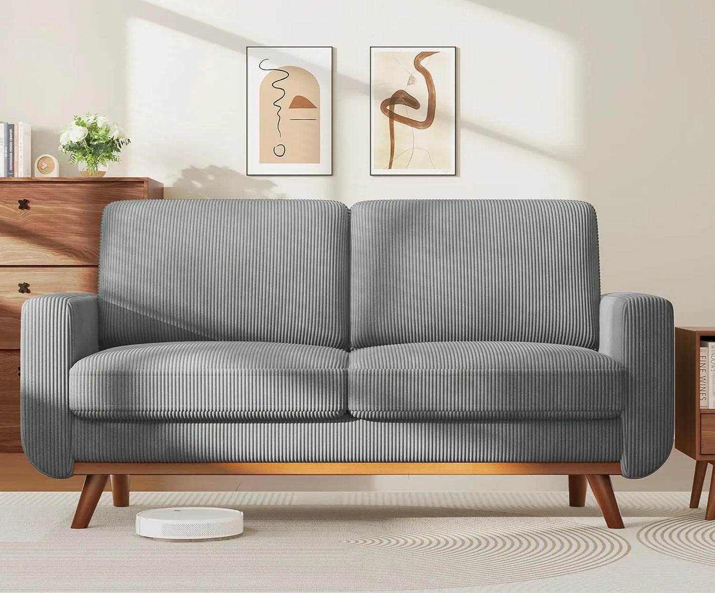 HUANZHUANG Modern Loveseat Sofa Corduroy Fabric Wood Frame Spring Cushion