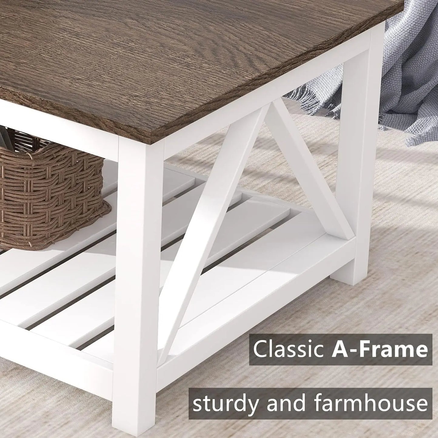 Rustic Vintage Farmhouse Coffee Table with Built-in Shelf, White Finish, Stylish Living Room Accent Furniture, 40-inch